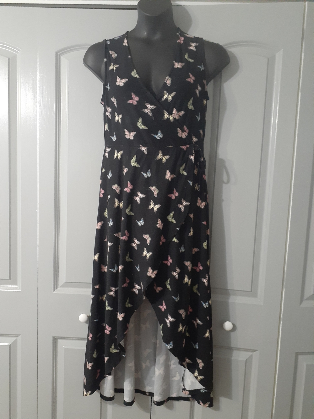 J for Justify Black High-Low Faux Wrap Butterfly Print Dress